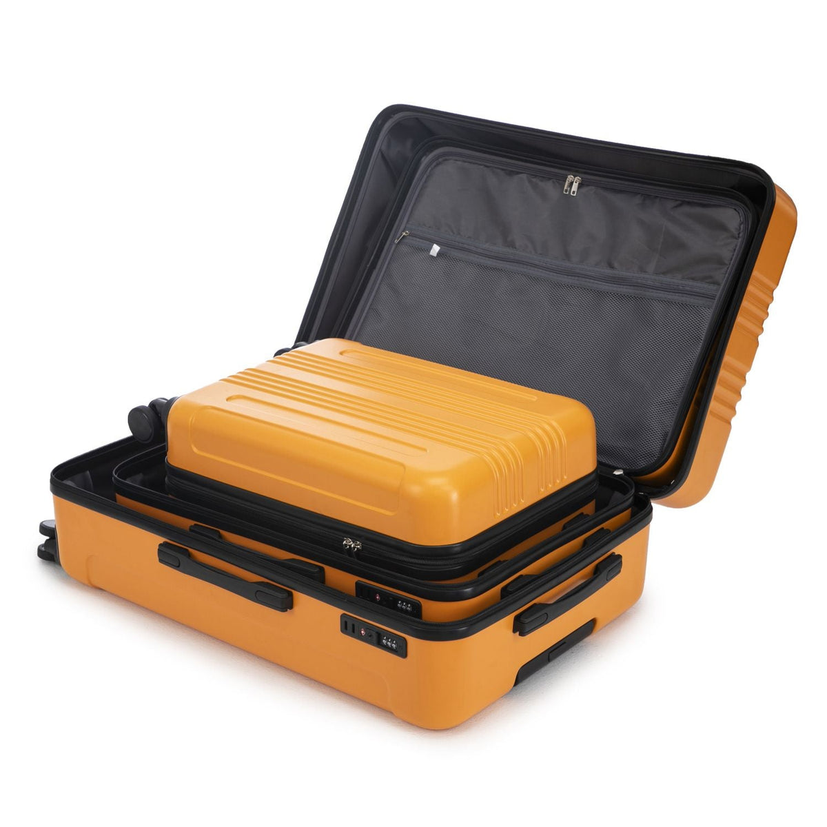 20"/24"/28" 3 pcs/set in ABS Spinner Wheel Luggage, Carry on Suitcase, Matching Color, TSA Combination Lock (Black+Orange)