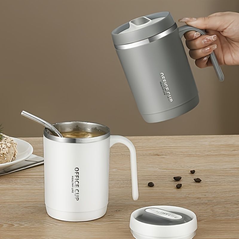 1pc Stainless Steel Cups With Lid; 16 Oz 304 Stainless Steel Tumblers Durable Coffee Mug With Splash Proof Sliding Lid; Drink With Lid Open; Plastic Housing And Lid; Straw Not Included