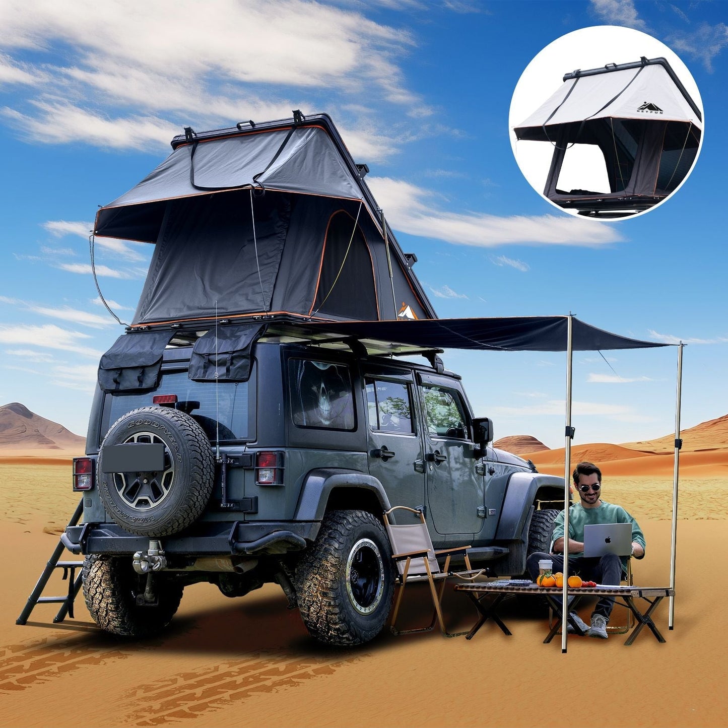 Roll over image to zoom in Adventurer Plus Rooftop Tent Hardshell with Side Awning, Air Conditioner Outlet with Bracket, &Replaceable Rain Flies, Truck Bed Tent for Camping, Pop Up Overland Roof Tents