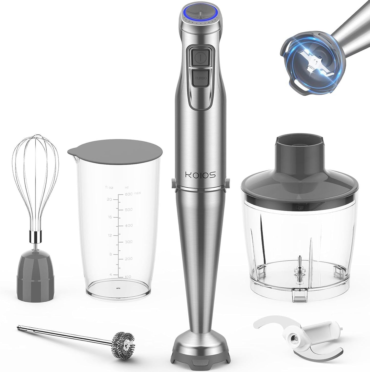 KOIOS 1100W Immersion Hand Blender, Stainless Steel Stick Blender with 12-Speed & Turbo Mode, 5-in-1 Handheld Blender with 600ml Mixing Beaker with Lid, 500ml Chopper, Whisk, Milk Frother, B PA-F ree