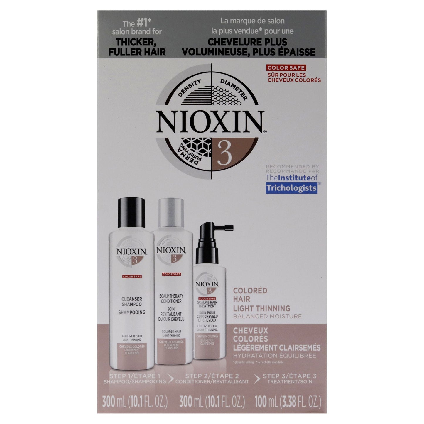 System 3 Kit by Nioxin for Unisex - 3 Pc 10.1oz Color Safe Cleanser Shampoo, 10.1 oz Color Safe Scalp Therapy Conditioner, 3.38oz Color Safe Scalp and Hair Treatment