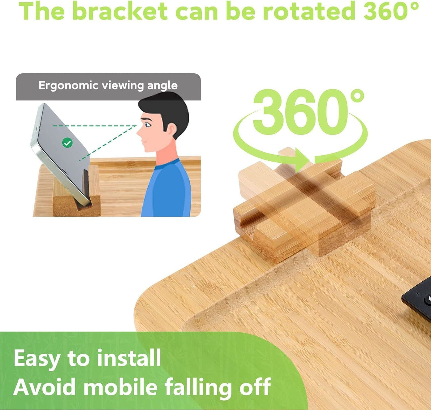 Bamboo Sofa Clip on Side Table for Wide Couches Arm, Foldable Couch Tray with 360° Rotating Phone Holder, Armrest Table for Eating/Drinks/Snacks/Remote/Control