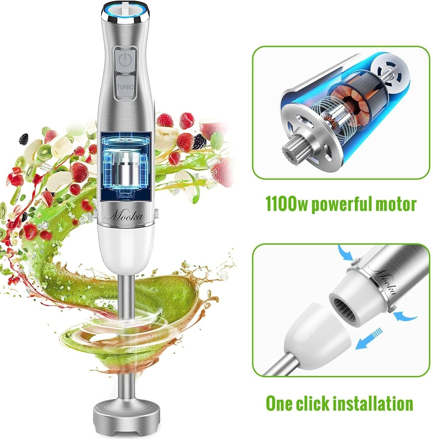 Hand Blender;  5 in 1 Multi-Purpose Immersion Blender set;  1100 watts 12 Adjustable Speed Stick Blender;  600ml Beaker;  500ml Food Processor Container;  Egg Whisk;  Milk Frother Attachments;  White