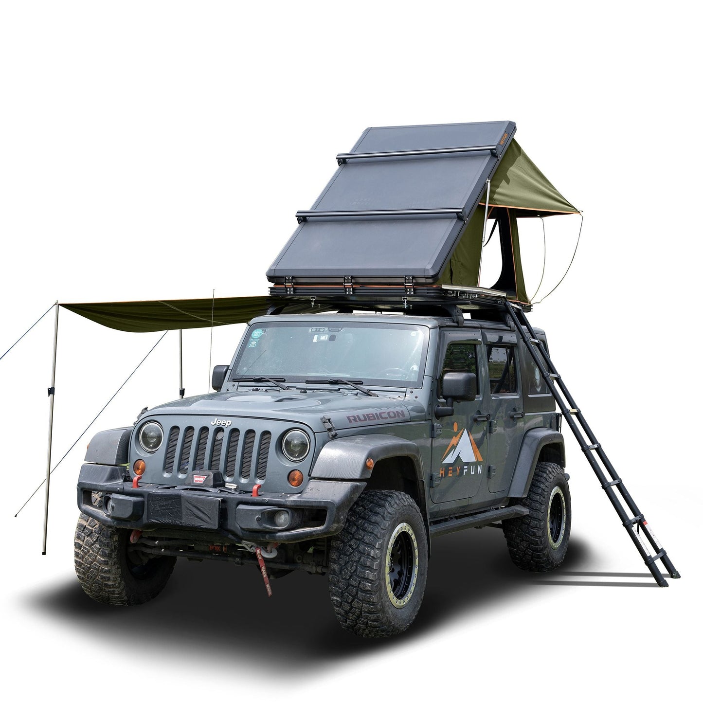 Roll over image to zoom in Adventurer Plus Rooftop Tent Hardshell with Side Awning, Air Conditioner Outlet with Bracket, &Replaceable Rain Flies, Truck Bed Tent for Camping, Pop Up Overland Roof Tents