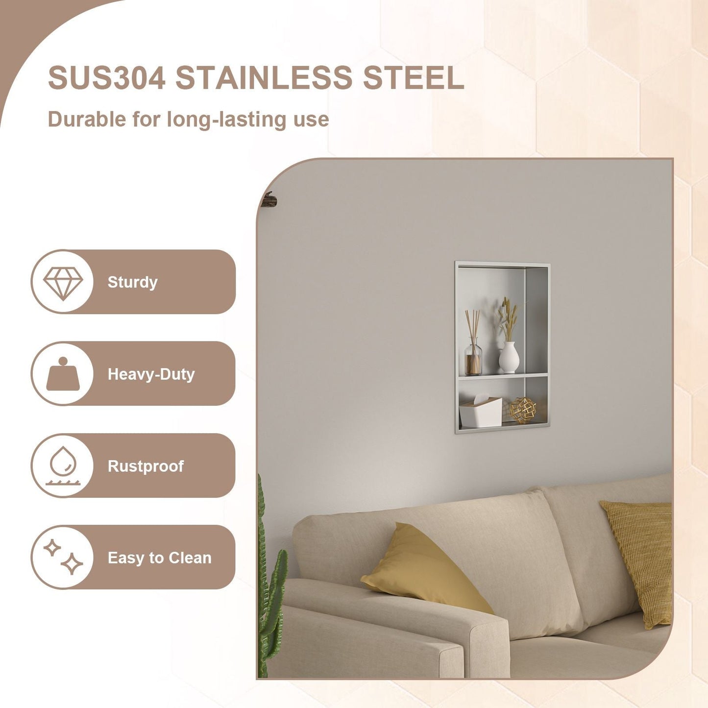 Brushed Stainless Steel Wall Shower  Niche , Double Recessed Shower Shelf for Bathroom