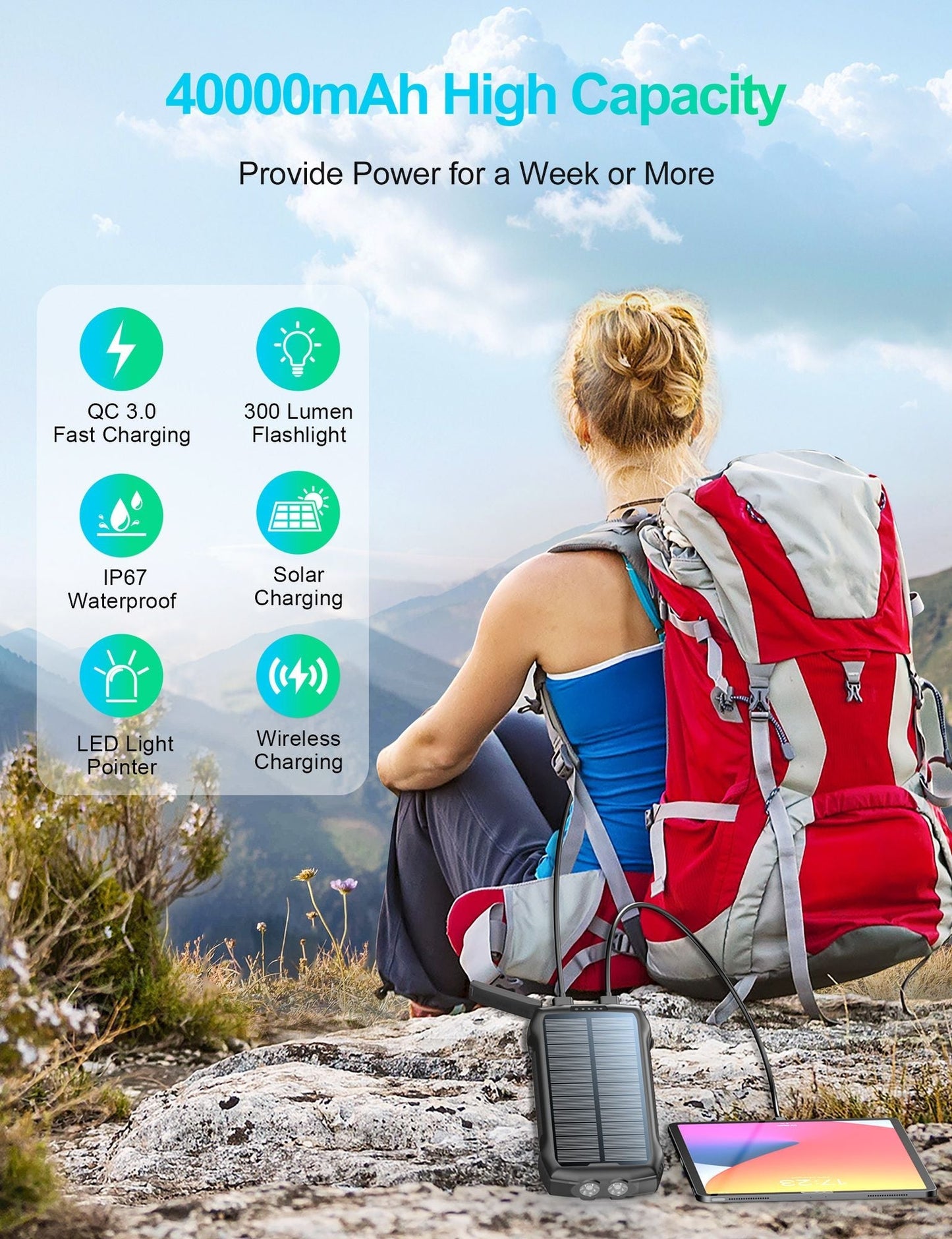 Portable Charger, Solar Power Bank 33500mAh Fast Charging, Solar Battery Pack with Waterproof 6W Bright Flashlight for iPhone S amsung Tablet