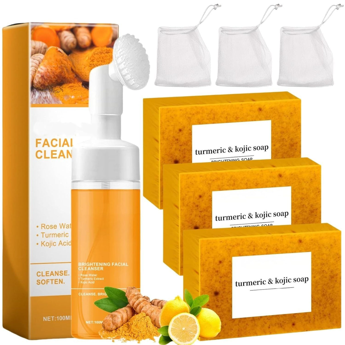 Turmeric Soap & Turmeric Face Wash Set, Honey Lemon Tumeric Kojic Soap Bar & Facial Cleanser Combo for Face & Body, Evens Skin Tone Deep Cleansing Moisturizing