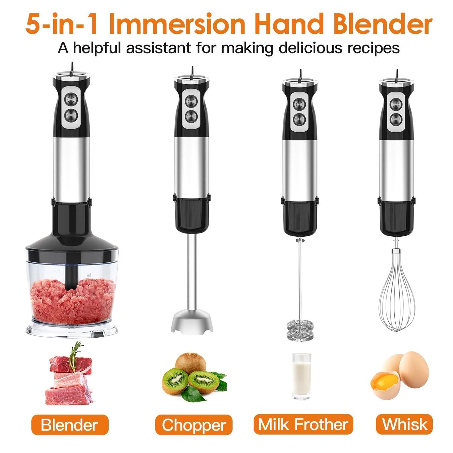 1000W 5 In 1 Immersion Hand Blender Stainless Steel Hand Mixer with 12 Speeds Turbo Mode Food Processor with 20Oz Beaker 17Oz Chopper Whisk Milk Frother