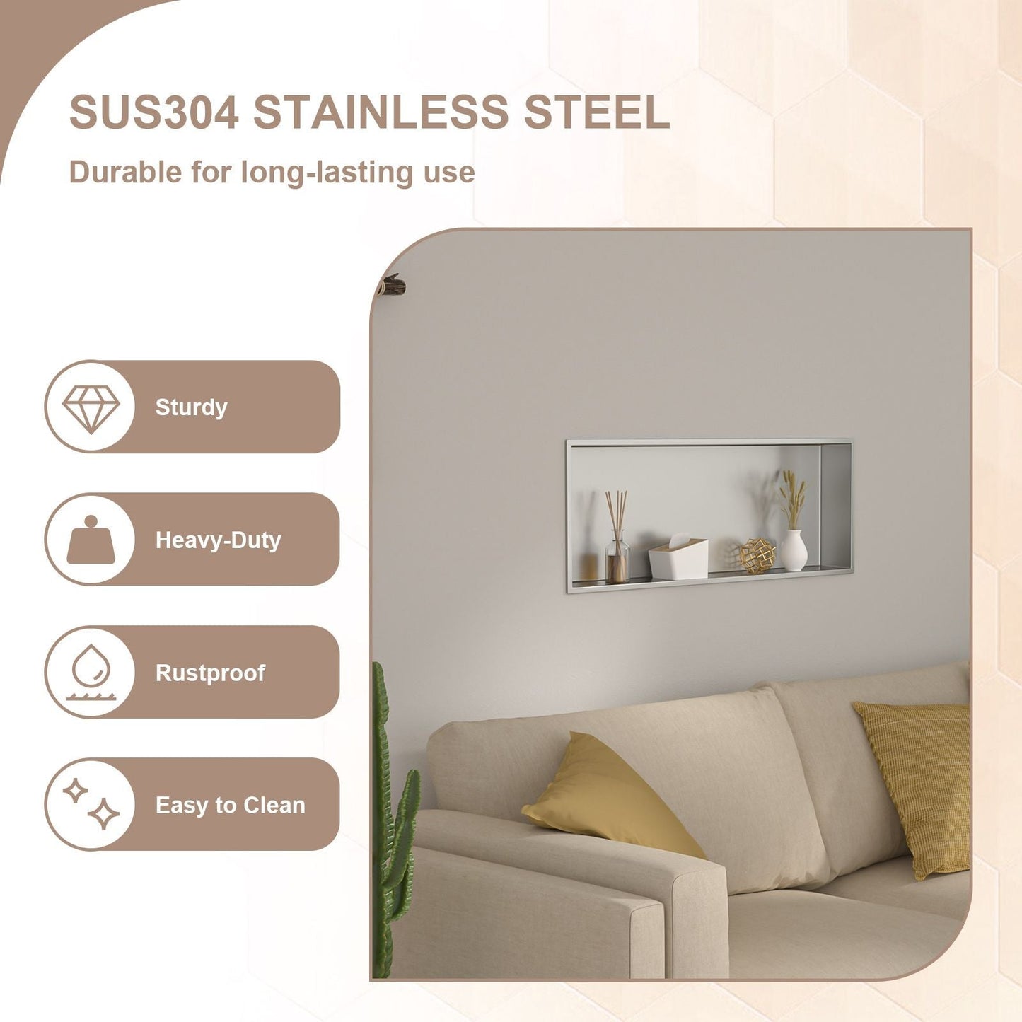 Brushed Stainless Steel Wall Shower  Niche , Double Recessed Shower Shelf for Bathroom