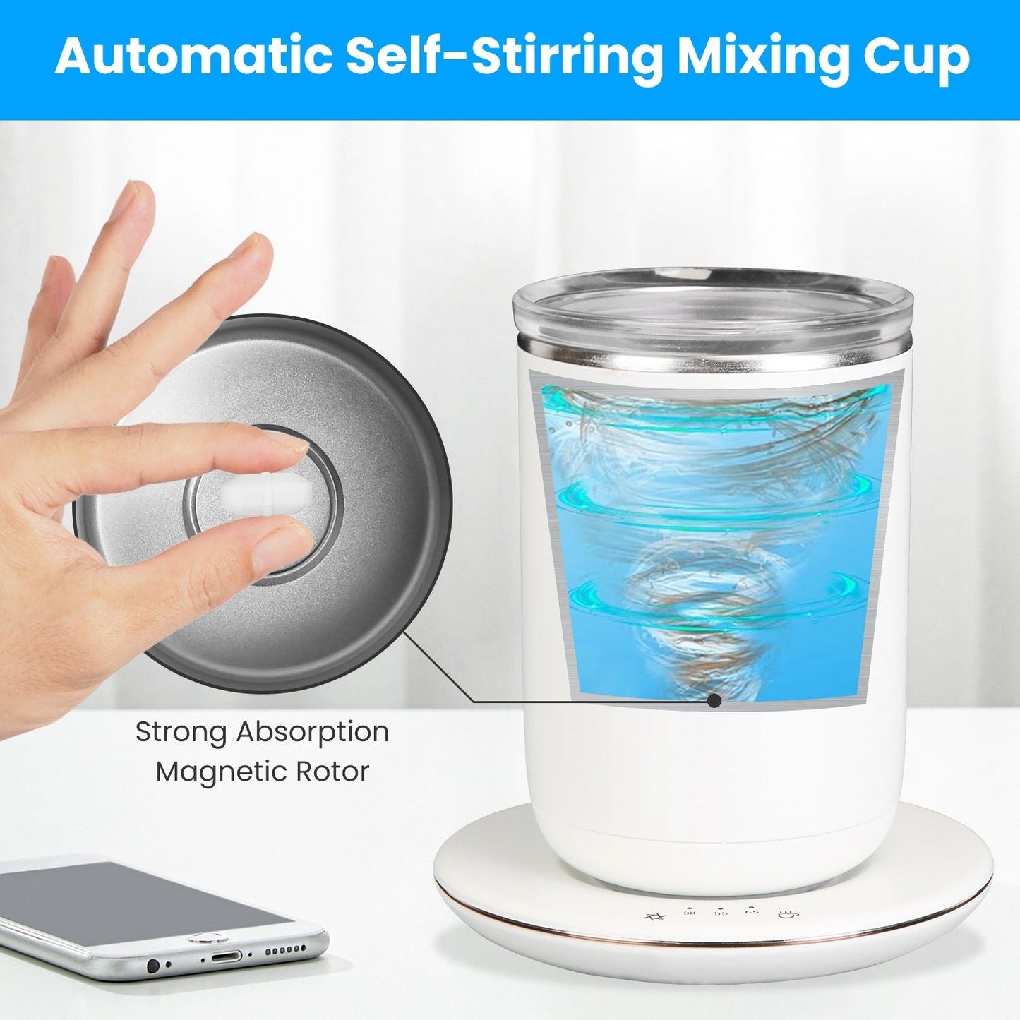 Self Stirring Coffee Mug with Lid Temperature Control Self-Heating Automatic Magnetic Mixing Mug with 3 Heat Settings Auto-Off Function For Coffee Tea Milk Cocoa Stainless Steel