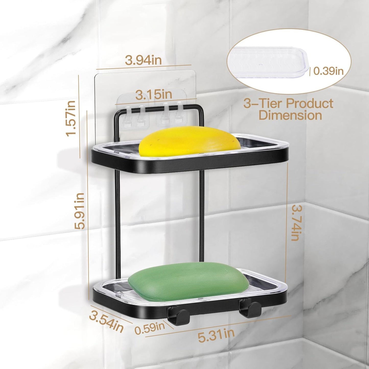 Soap Dish Soap Bar Holder Square Soap Rack Wall Mounted S Bar Shower Bathroom Self with 2 Hooks