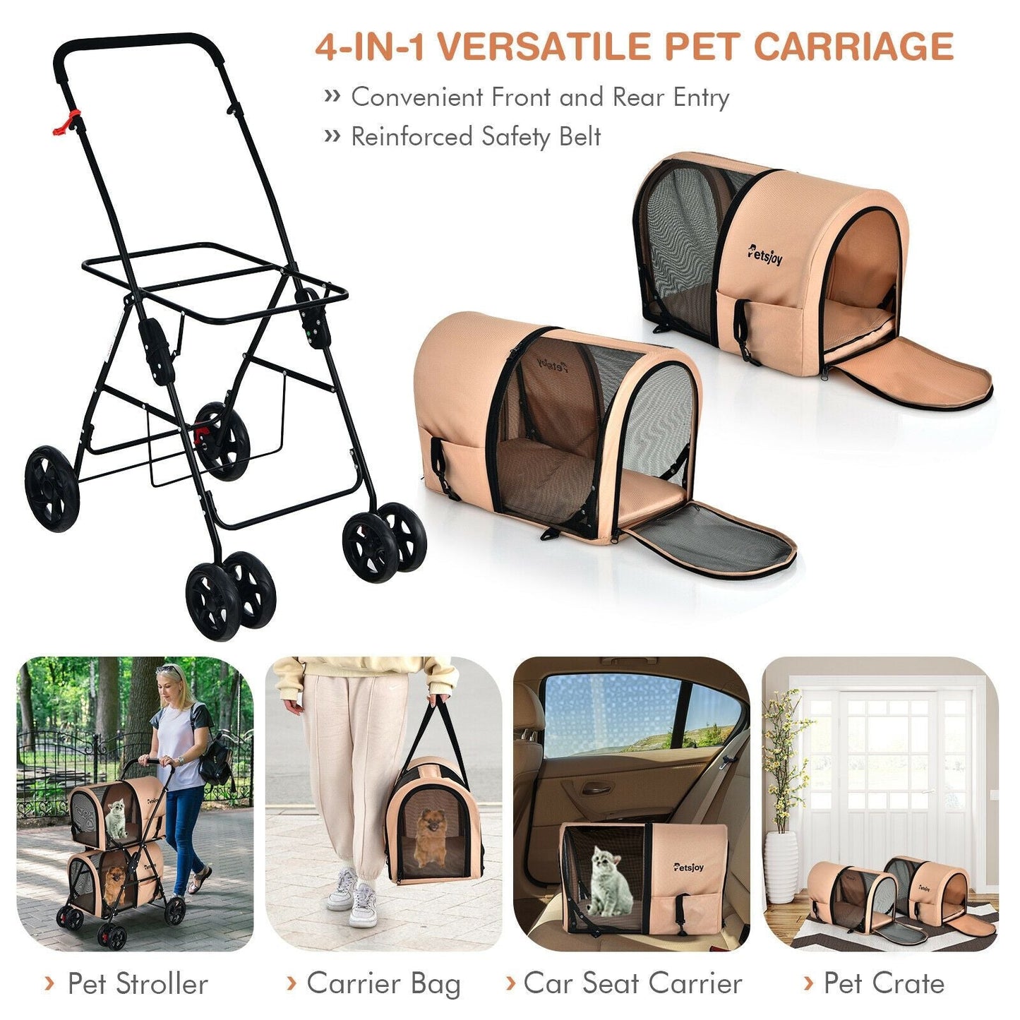 4-in-1 Double Pet Stroller with Detachable Carrier and Travel Carriage