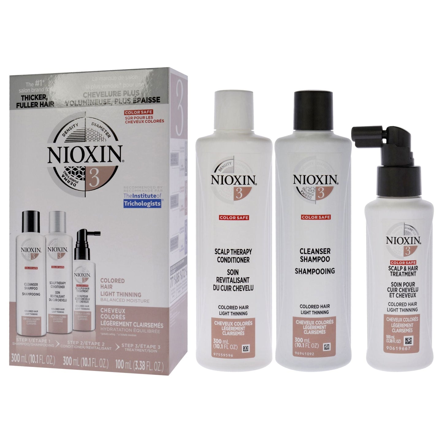 System 3 Kit by Nioxin for Unisex - 3 Pc 10.1oz Color Safe Cleanser Shampoo, 10.1 oz Color Safe Scalp Therapy Conditioner, 3.38oz Color Safe Scalp and Hair Treatment