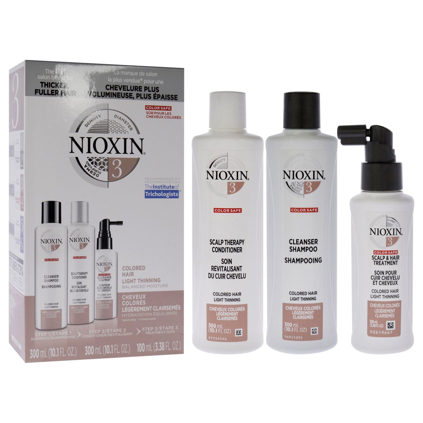System 3 Kit by Nioxin for Unisex - 3 Pc 10.1oz Color Safe Cleanser Shampoo, 10.1 oz Color Safe Scalp Therapy Conditioner, 3.38oz Color Safe Scalp and Hair Treatment