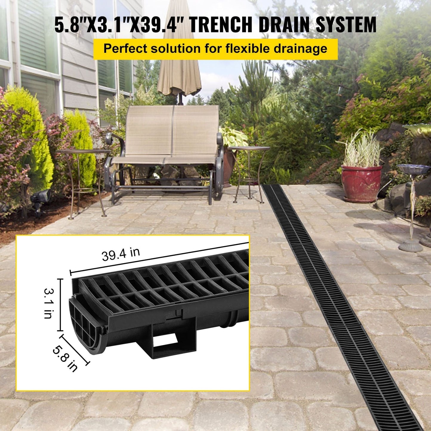 Trench Drain System, Channel Drain with Plastic Grate, 5.8x3.1-Inch HDPE Drainage Trench, Black Plastic Garage Floor Drain, 6x39 Trench Drain Grate, with 6 End Caps, for Garden, Driveway-6 Pack