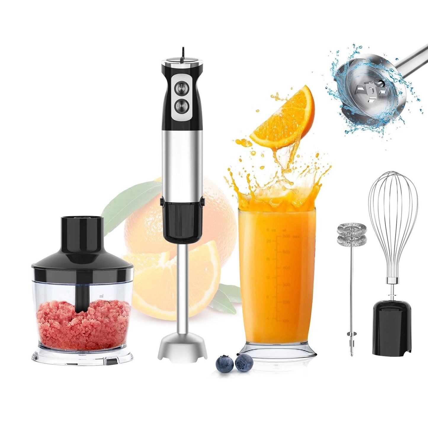 1000W 5 In 1 Immersion Hand Blender Stainless Steel Hand Mixer with 12 Speeds Turbo Mode Food Processor with 20Oz Beaker 17Oz Chopper Whisk Milk Frother