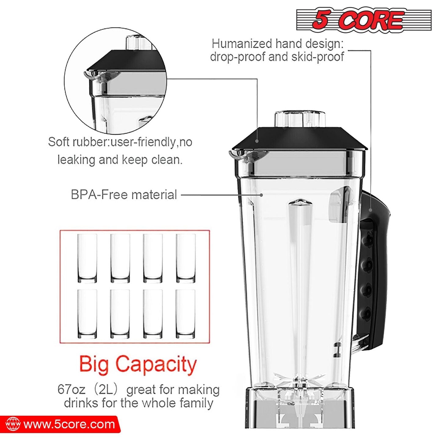 5 Core 2L Professional Countertop Blender For Kitchen 68 Oz 2000W High Speed BPA Free 6 Titanium Blade Smoothie Blender Electric For Soup Shake Juice Multi-Speed Manual JB 2000 M