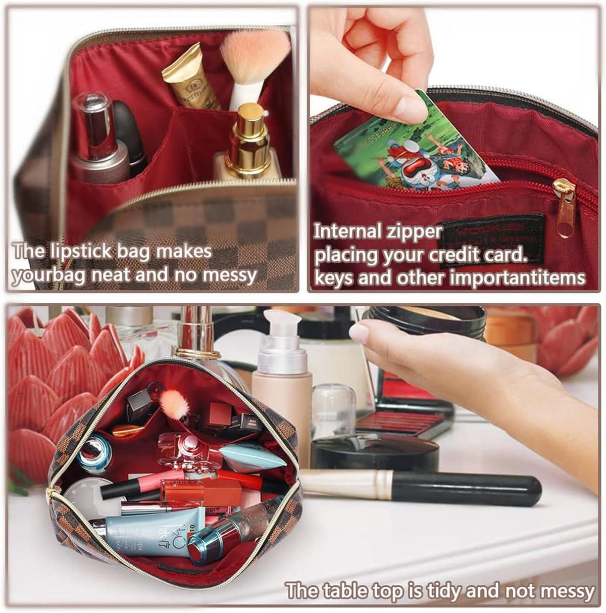 Brown checkered waterproof leather makeup square bag/flat bag 2-piece set, portable makeup travel makeup bag