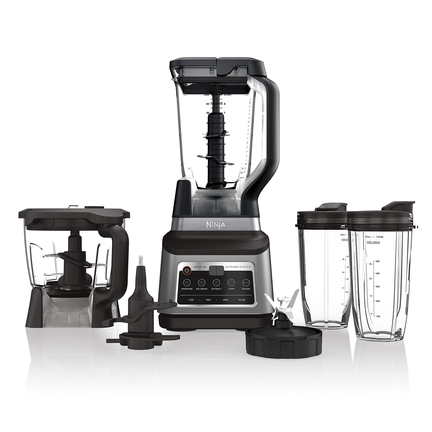 N inja BN801 Professional Plus Kitchen System, 1400 WP, 5 Functions for Smoothies, Chopping, Dough & More with Auto IQ, 72-oz.* Blender Pitcher, 64-oz. Processor Bowl, (2) 24-oz. To-Go Cups, Grey