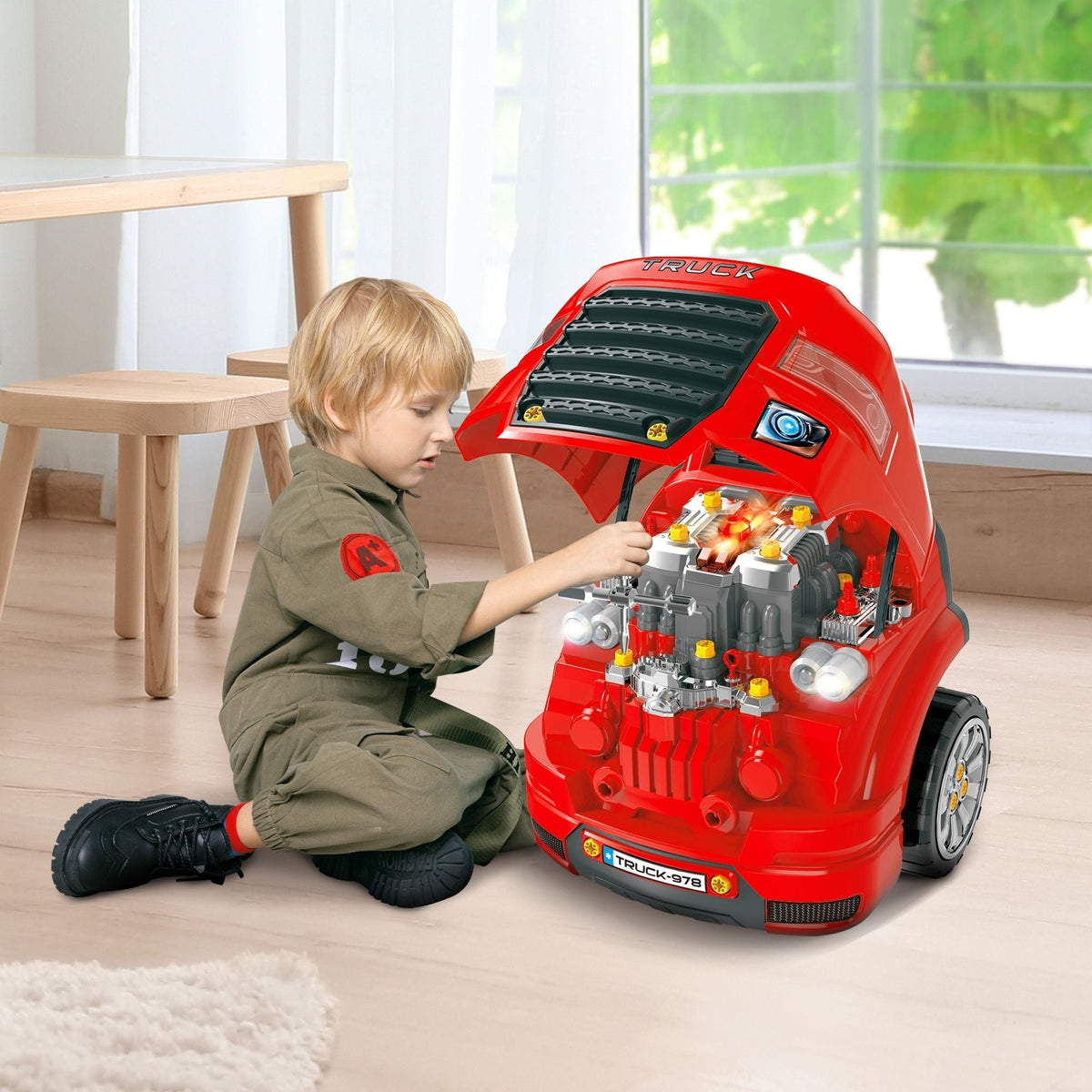 Engaging Kids Truck Engine Toy Set with RC Car Key | Red Mechanic Toys for Ages 3-5