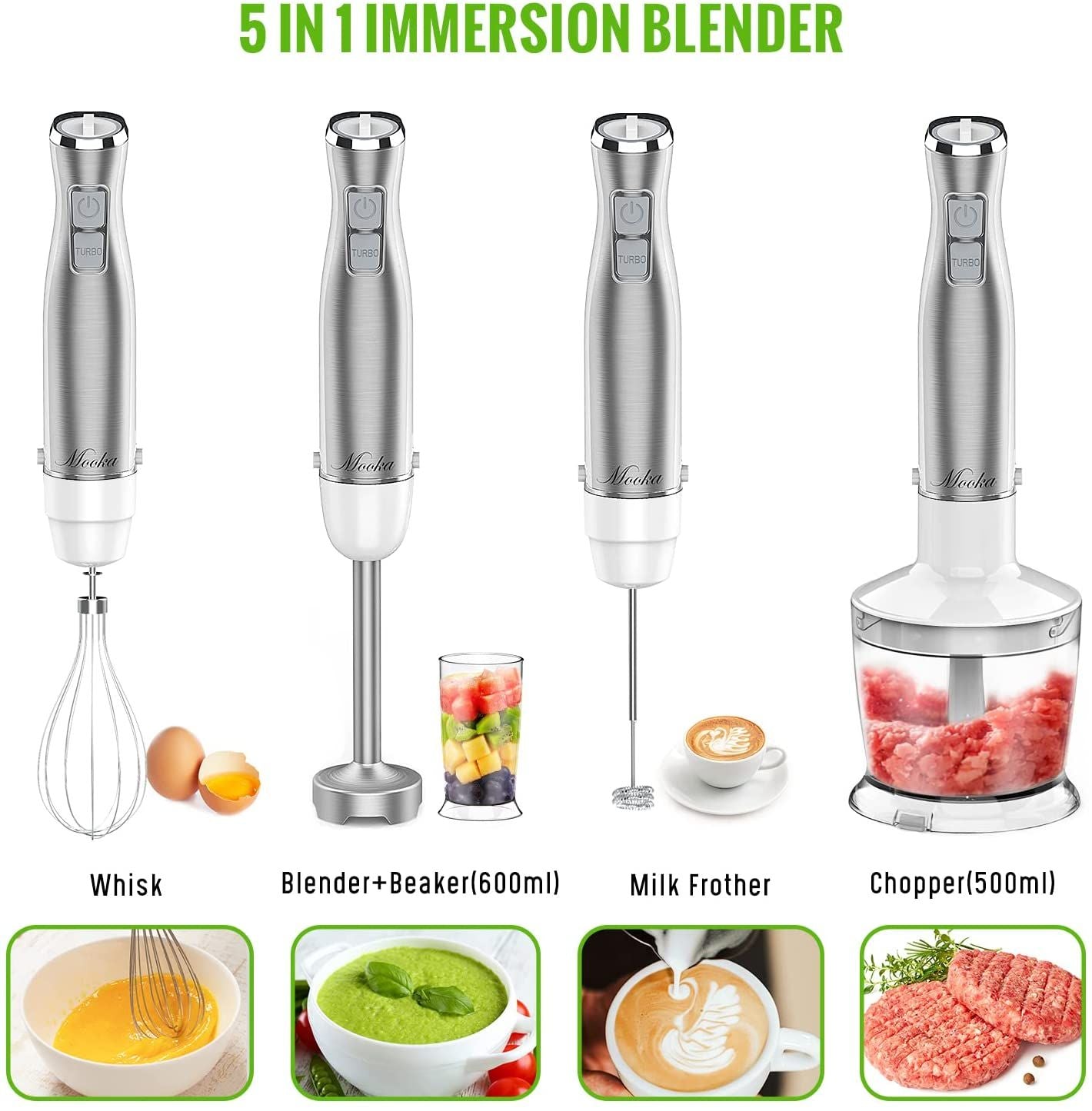 Hand Blender;  5 in 1 Multi-Purpose Immersion Blender set;  1100 watts 12 Adjustable Speed Stick Blender;  600ml Beaker;  500ml Food Processor Container;  Egg Whisk;  Milk Frother Attachments;  White