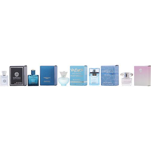 VERSACE VARIETY by Gianni Versace 5 PIECE UNISEX MINI VARIETY WITH DYLAN TURQUOISE & BRIGHT CRYSTAL FOR WOMAN & MAN EAU FRAICHE & VERSACE POUR HOMME & EROS FOR MEN AND ALL ARE EDT 0.17 OZ MINIS