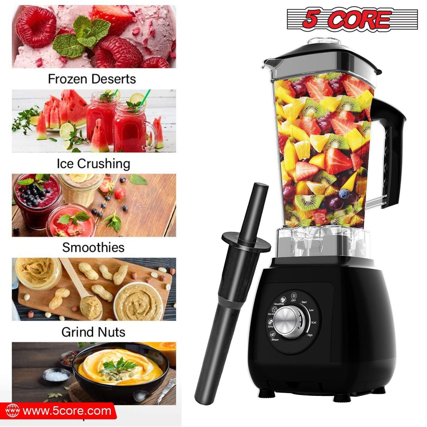 5 Core 2L Professional Countertop Blender For Kitchen 68 Oz 2000W High Speed BPA Free 6 Titanium Blade Smoothie Blender Electric For Soup Shake Juice Multi-Speed Manual JB 2000 M
