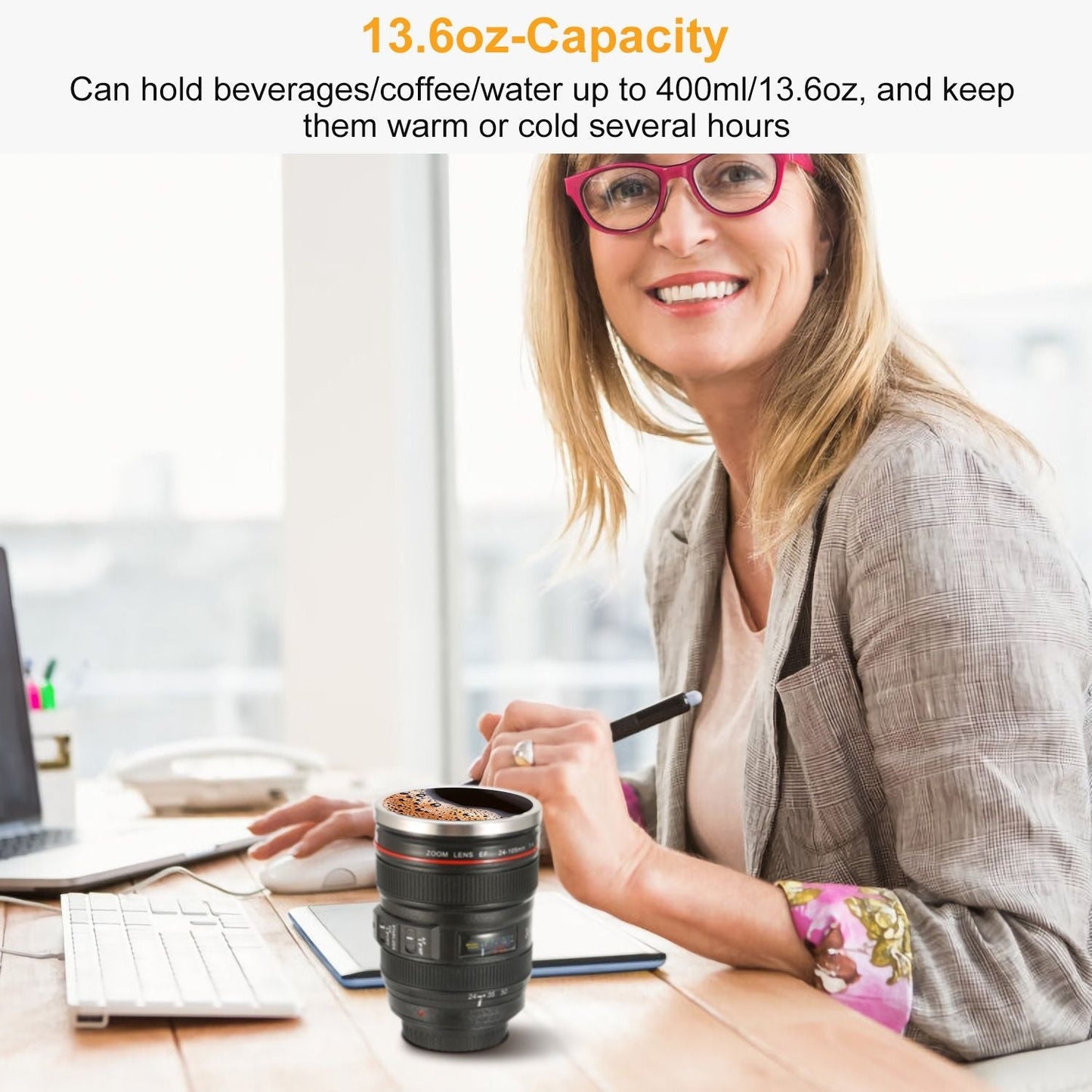 Camera Lens Coffee Mug Cup 13.6oz F ood-G rade Stainless Steel Travel Photography Insulated Mug for All Ages