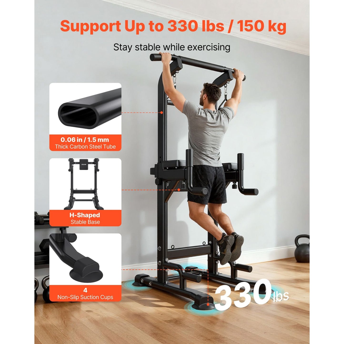 Pull Up Bar, 330 LBS Power Tower Dip Station, Workout Dip Station with H-Shaped Stable Base & Back Pad, Adjustable 12 Level Height Free Standing Chin Up Bar for Back, 4-Level Adjustable Back Pad