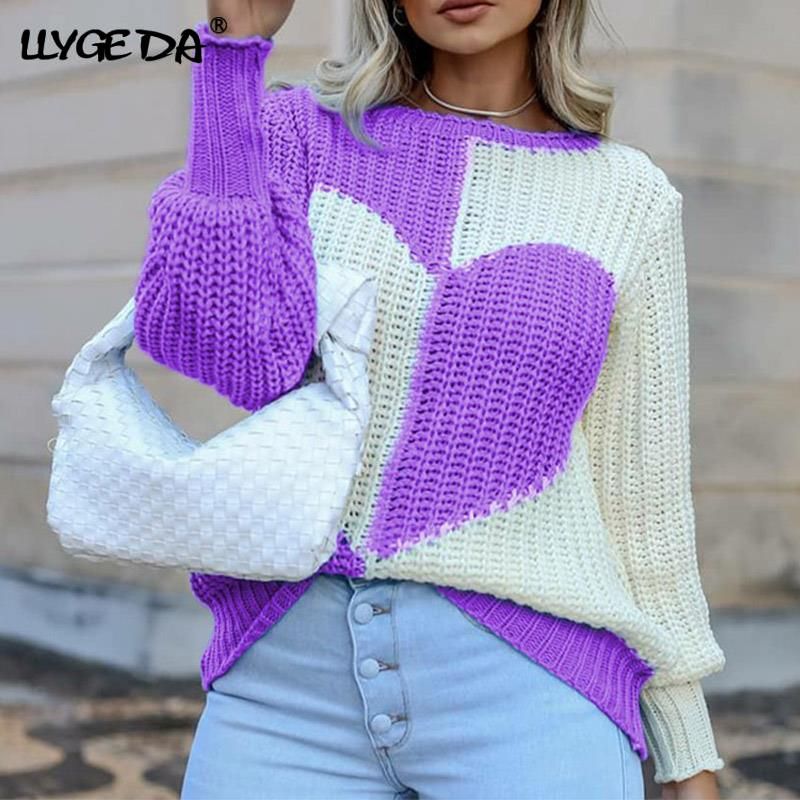 Knitted Love Contrast Women's Sweaters 2021 Autumn Flared Sleeves O-neck Patchwork Loose Pullovers Female Sweet Loose Casual Top