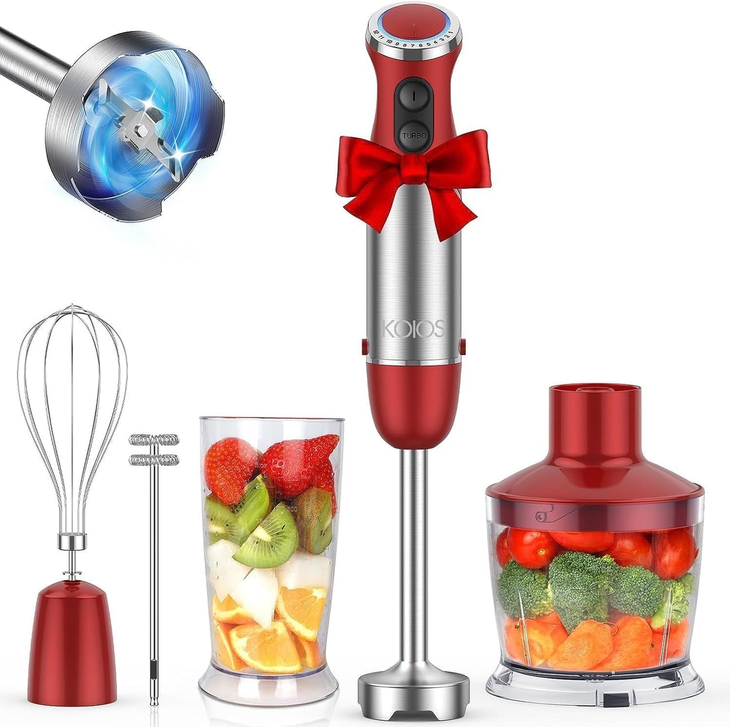 KOIOS 5-in-1 Hand Immersion Blender, 1000W 12 Speed Handheld Blender, Copper Motor Stainless Steel Blade Stick Blender,600ml Mixing Beaker,500ml Food Processor, Whisk, Milk Frother, B PA-F ree, Red