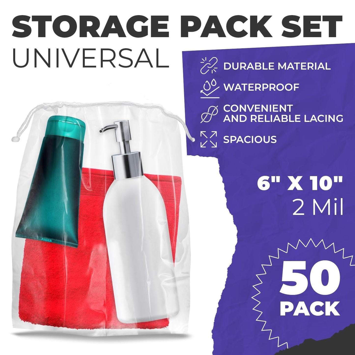 Clear Drawstring Bag, 6 x 10 Inches. Pack of 50 Clear Plastic Drawstring Bags. 2 Mil Drawstring Clear Plastic Bags. Waterproof Clear Plastic Bags Drawstring for Cosmetics, Toiletries