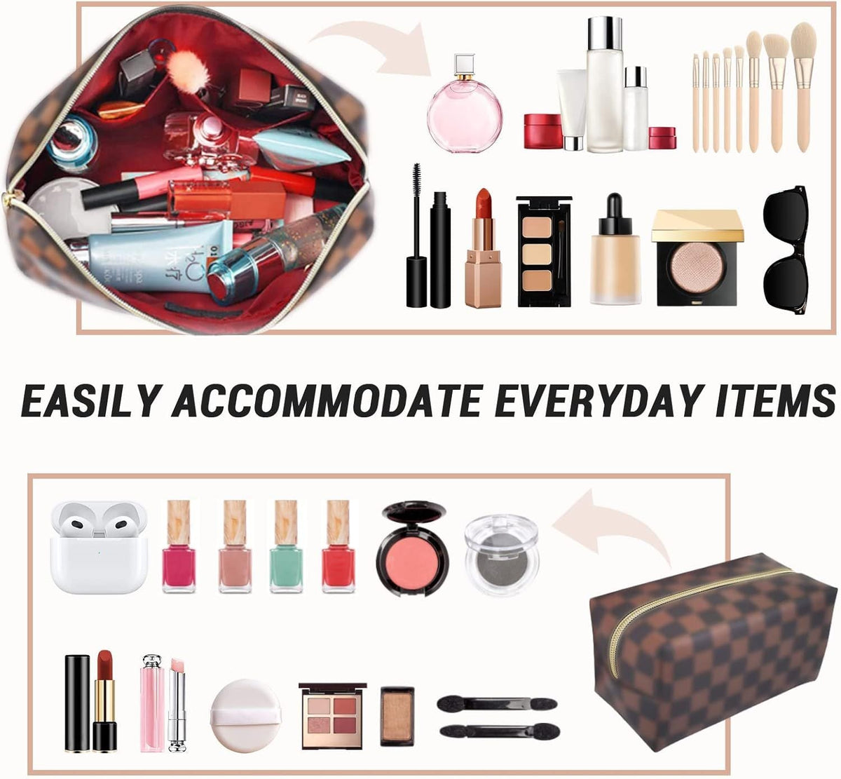 Brown checkered waterproof leather makeup square bag/flat bag 2-piece set, portable makeup travel makeup bag