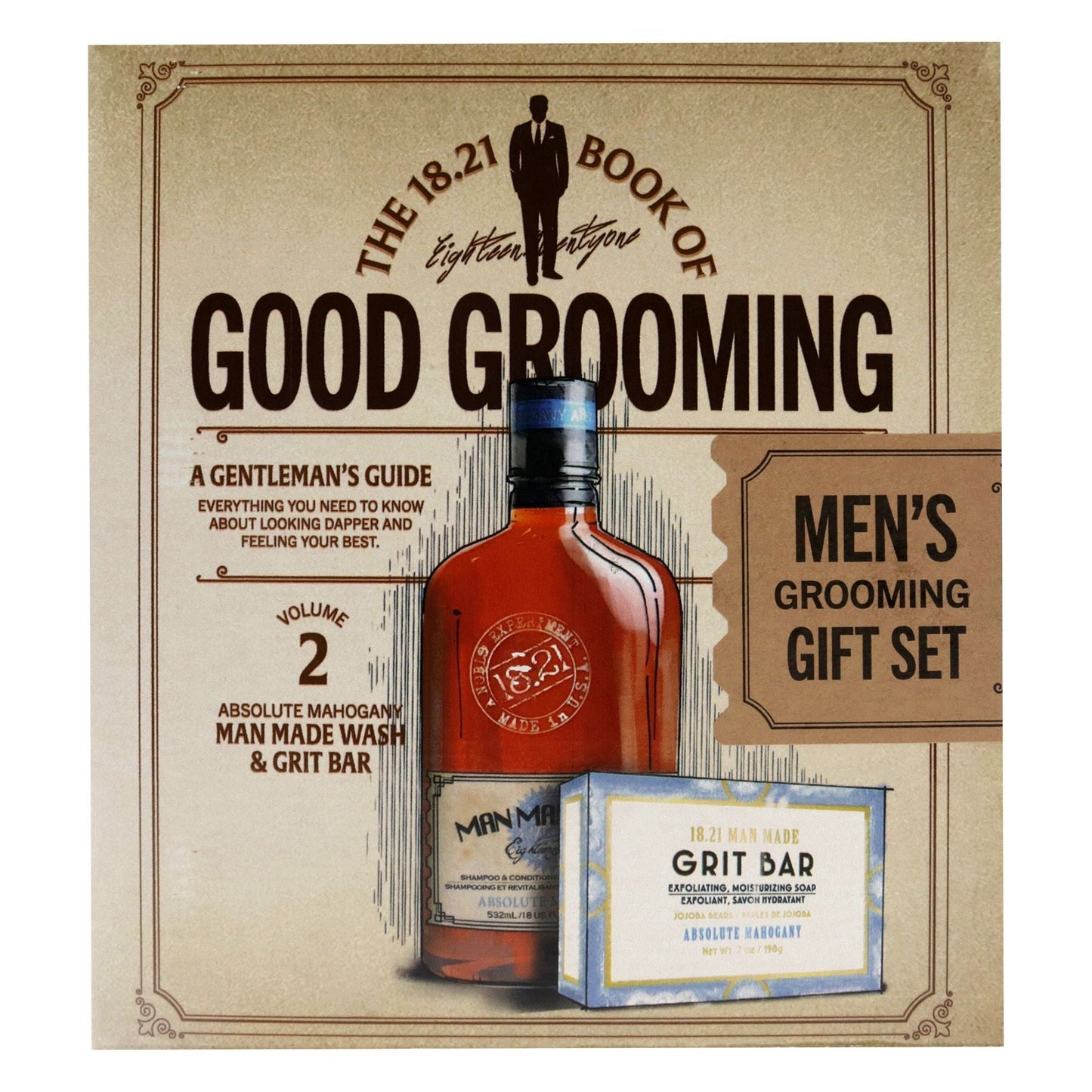 Book of Good Grooming Volume 2 Set - Absolute Mahogany by 18.21 Man Made for Men - 2 Pc 18oz Man Made Wash 3-In-1 Shampoo, Conditioner and Body Wash, 7oz Grit Bar