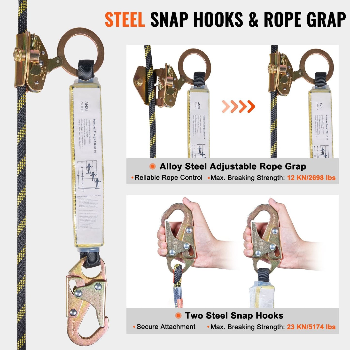 Vertical Lifeline Assembly, 0.55'' x 50' Fall Protection Rope with 30 KN Breaking Tension, Polyester Roofing Rope with Steel Snap Hooks, Rope Grab, and Shock Absorber, ANSI Compliant