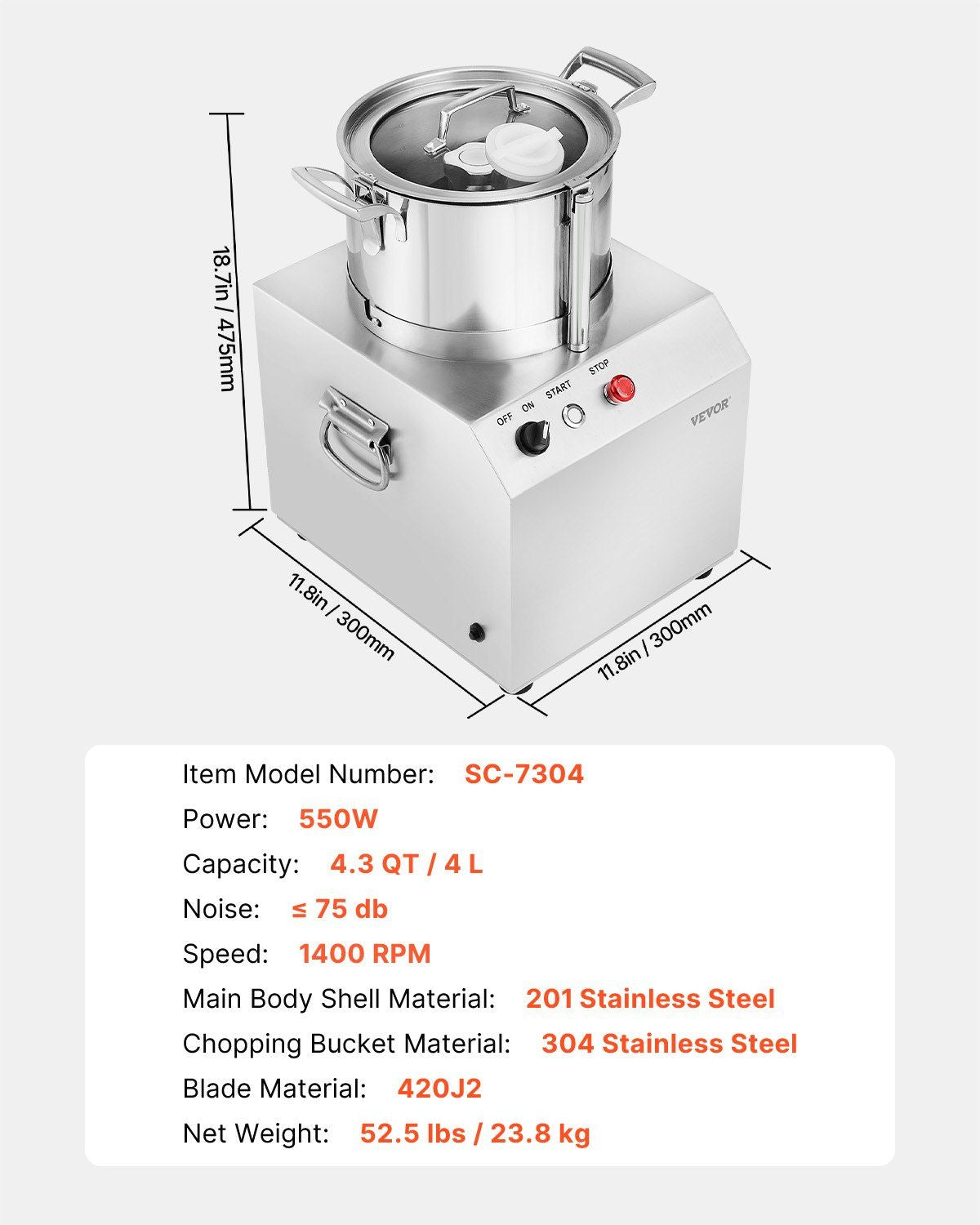 Food Processor Vegetable Chopper 4.3 Quart F ood-G rade Stainless Steel Blender
