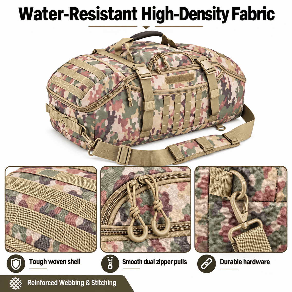 Tactical 65L Large Duffle Bag, 3-in-1 Tactical Backpack MOLLE Pack for Sports, Gym, Outdoor