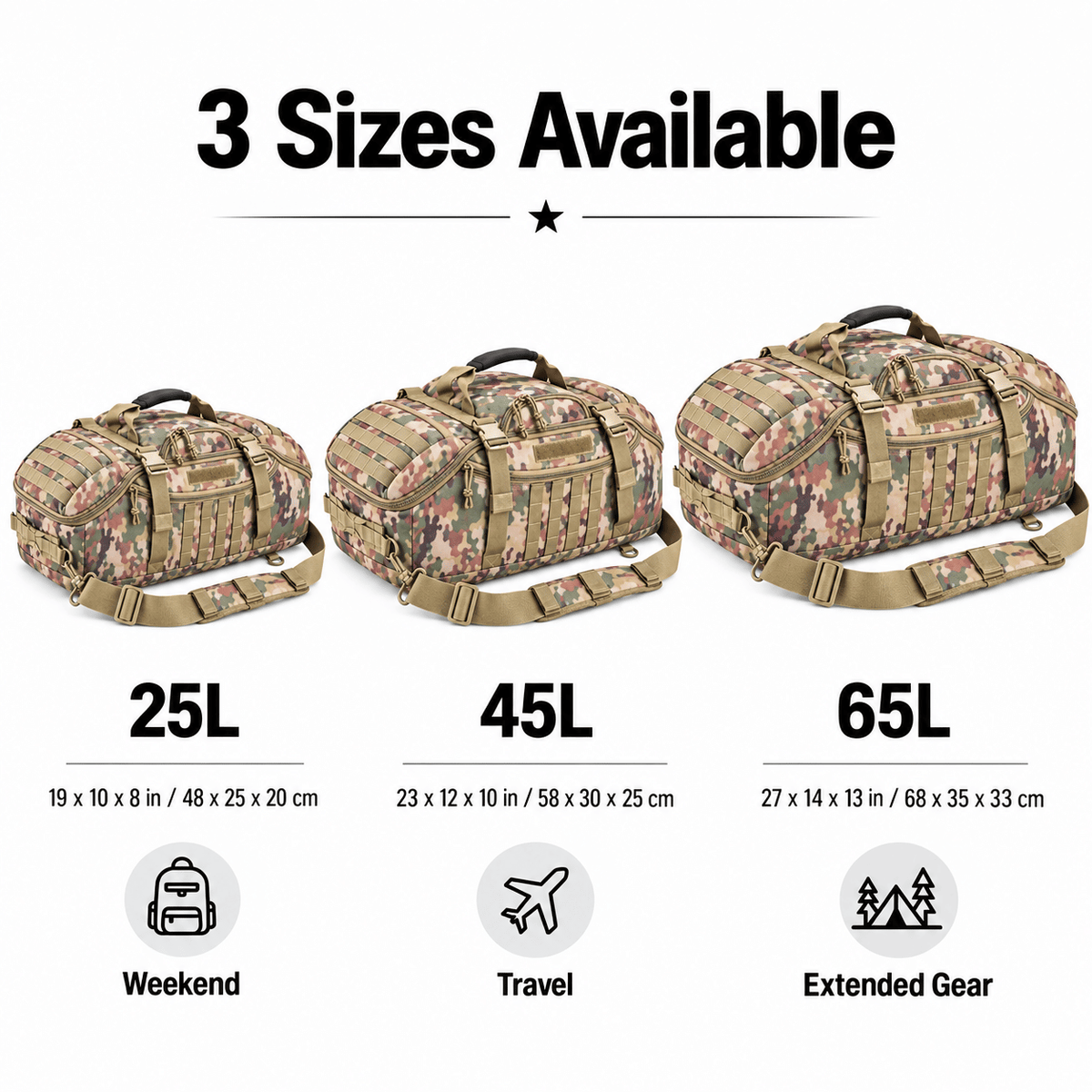 Tactical 65L Large Duffle Bag, 3-in-1 Tactical Backpack MOLLE Pack for Sports, Gym, Outdoor