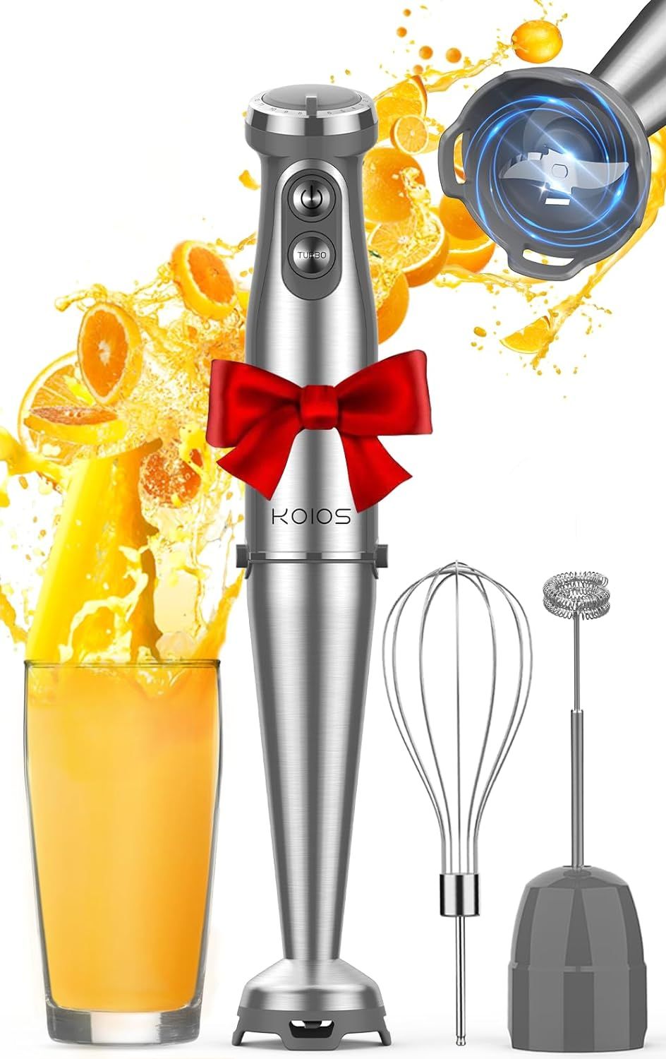 KOIOS Immersion Blender, 1000W Anti-scratch 3-in-1 Hand Blender, Upgraded 12 Speed Stainless Steel Blade Stick Blender with Turbo Mode, Whisk and Milk Frother, B PA-F ree