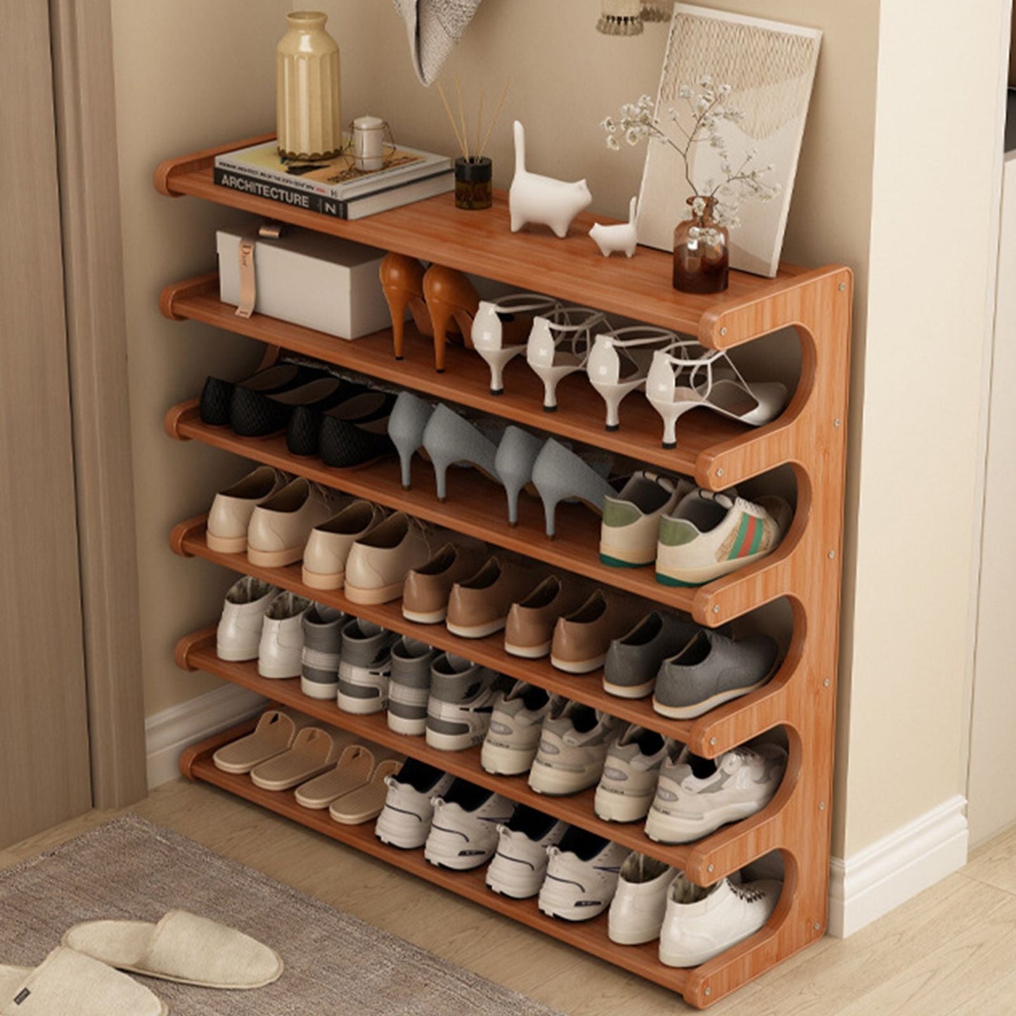 5/6-layer practical storage rack, shoe rack, space-saving design, multi-layer independent storage rack, wood grain finish, easy to assemble, self-supporting cubic shoe storage rack, storage rack, suit