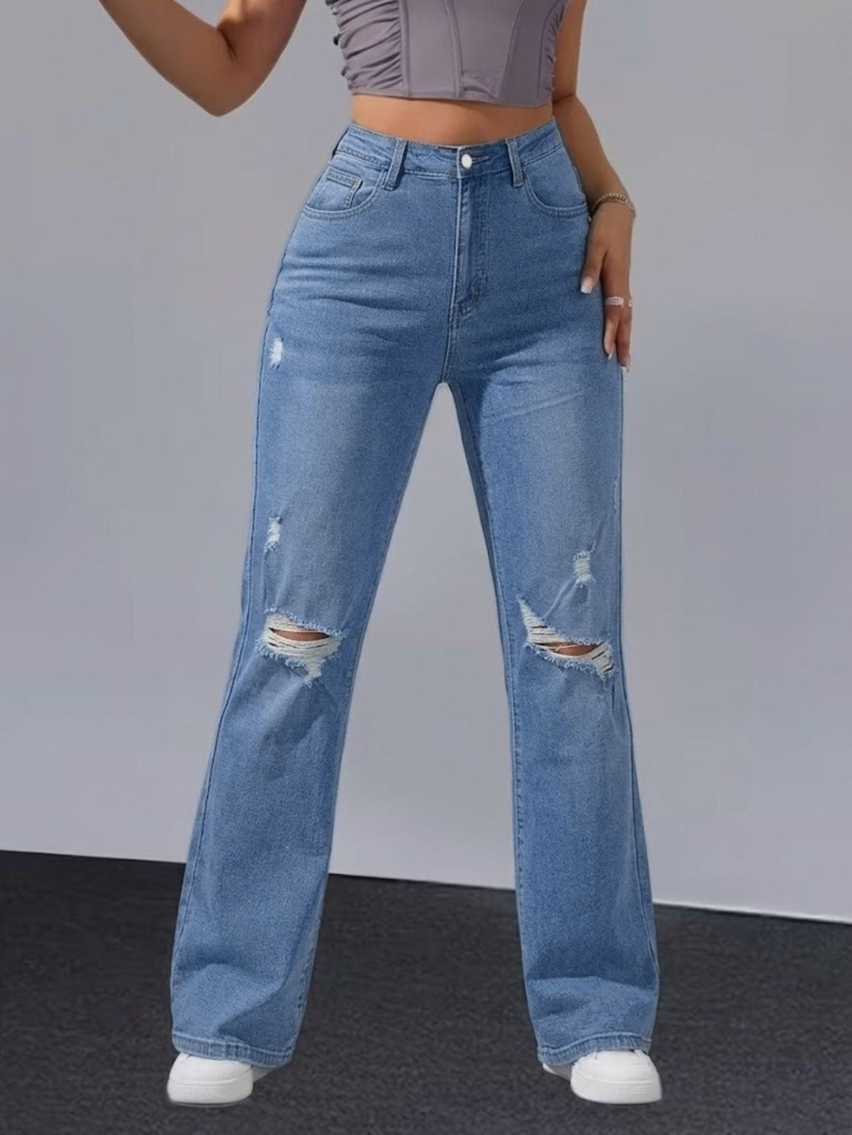 Women Distressed Cuffed Straight Leg Cropped Denim Jeans Stretch Slim Pants For Daily Street Casual Outfits