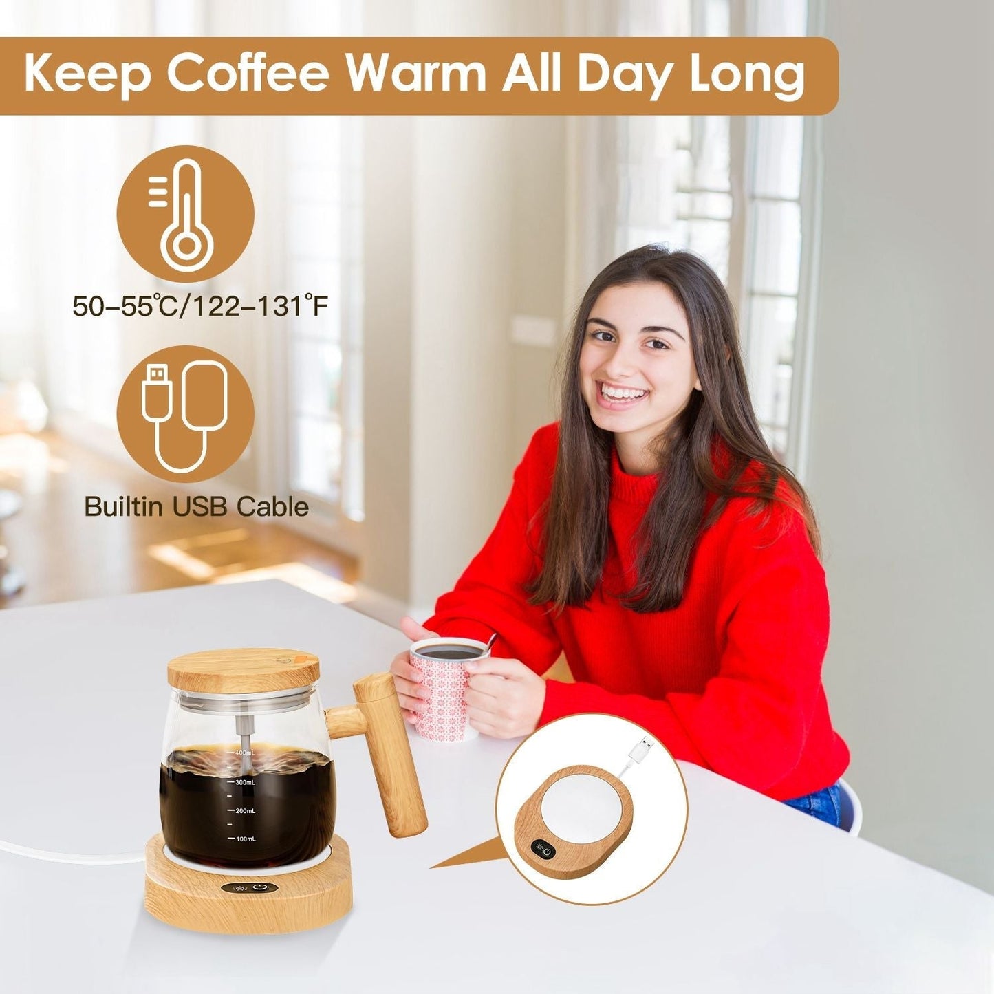 Electric Mixing Mug 400ML High Speed Mixing Cup USB Rechargeable Self String Mug with Warming Pad for Coffee Milk Protein Powder Egg