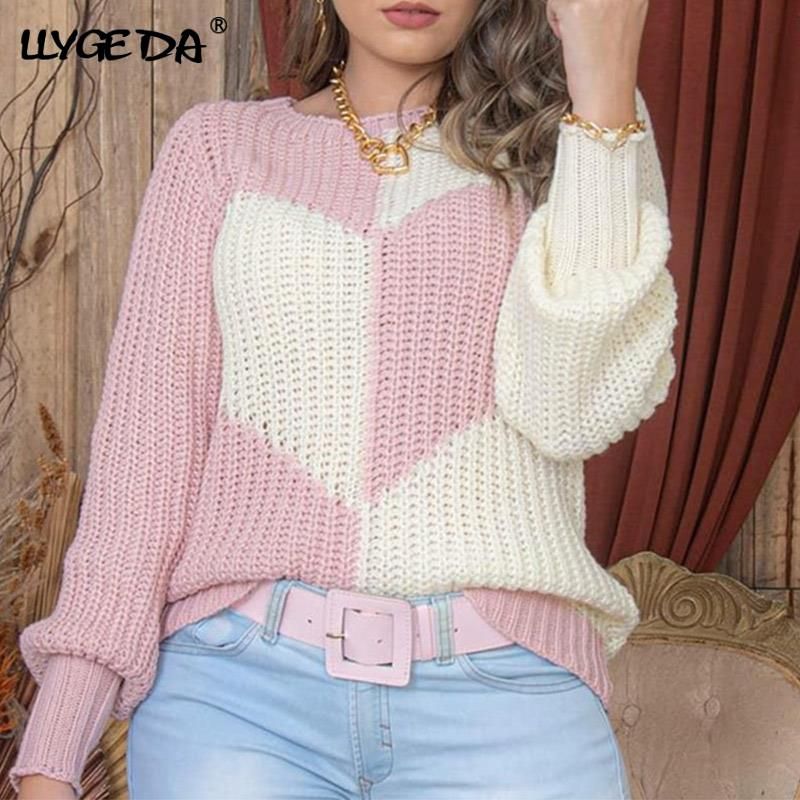 Knitted Love Contrast Women's Sweaters 2021 Autumn Flared Sleeves O-neck Patchwork Loose Pullovers Female Sweet Loose Casual Top