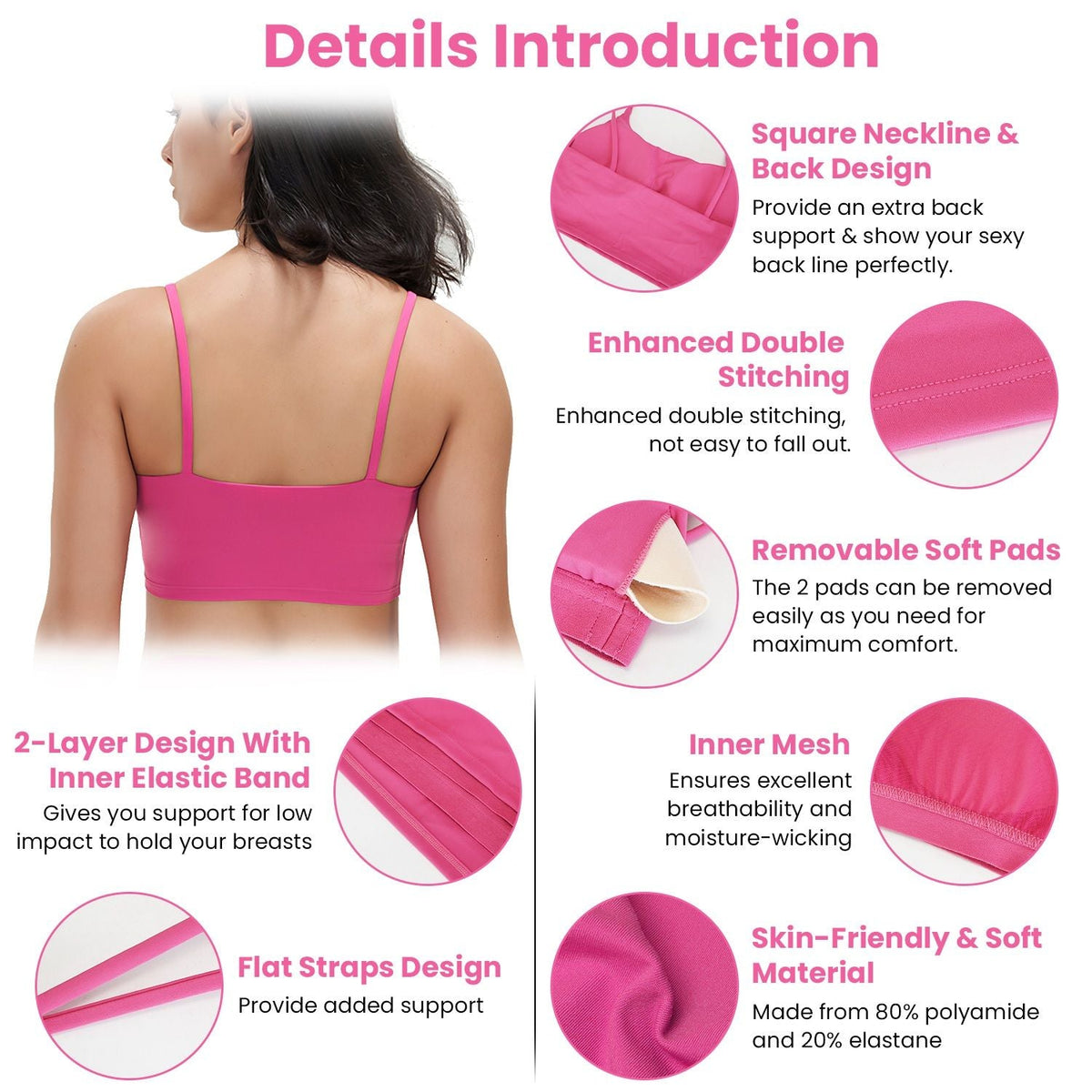 1Pc/3Pcs Women Strap Sport Bras Padded Strappy Crop Square Neck Low Impact Bras Sexy Fitness Tank Tops