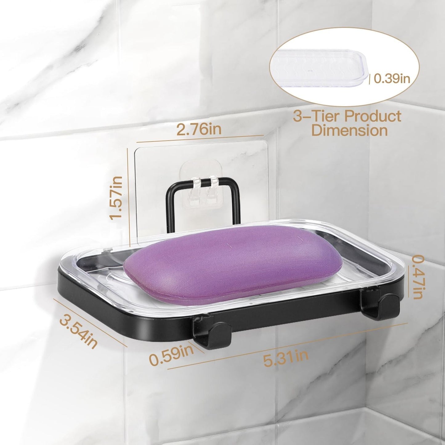 Soap Dish Soap Bar Holder Square Soap Rack Wall Mounted S Bar Shower Bathroom Self with 2 Hooks