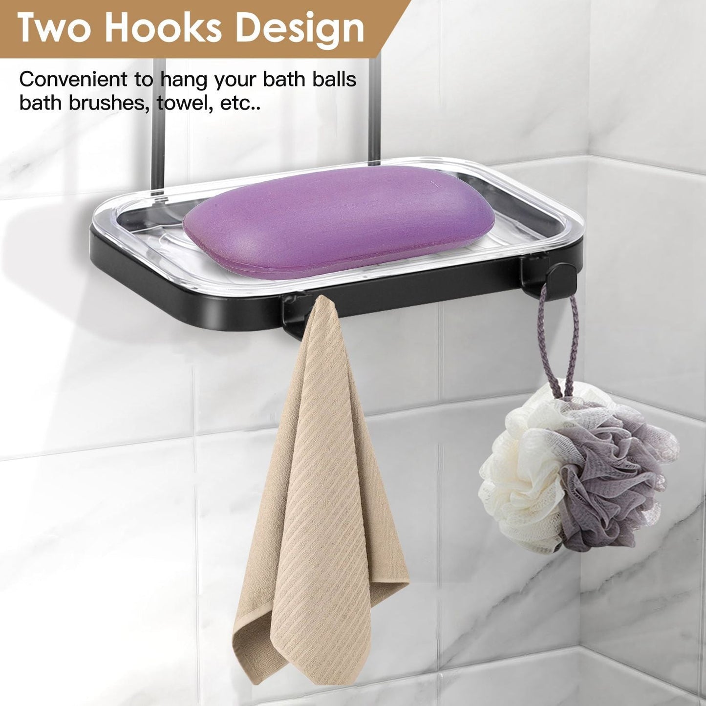 Soap Dish Soap Bar Holder Square Soap Rack Wall Mounted S Bar Shower Bathroom Self with 2 Hooks