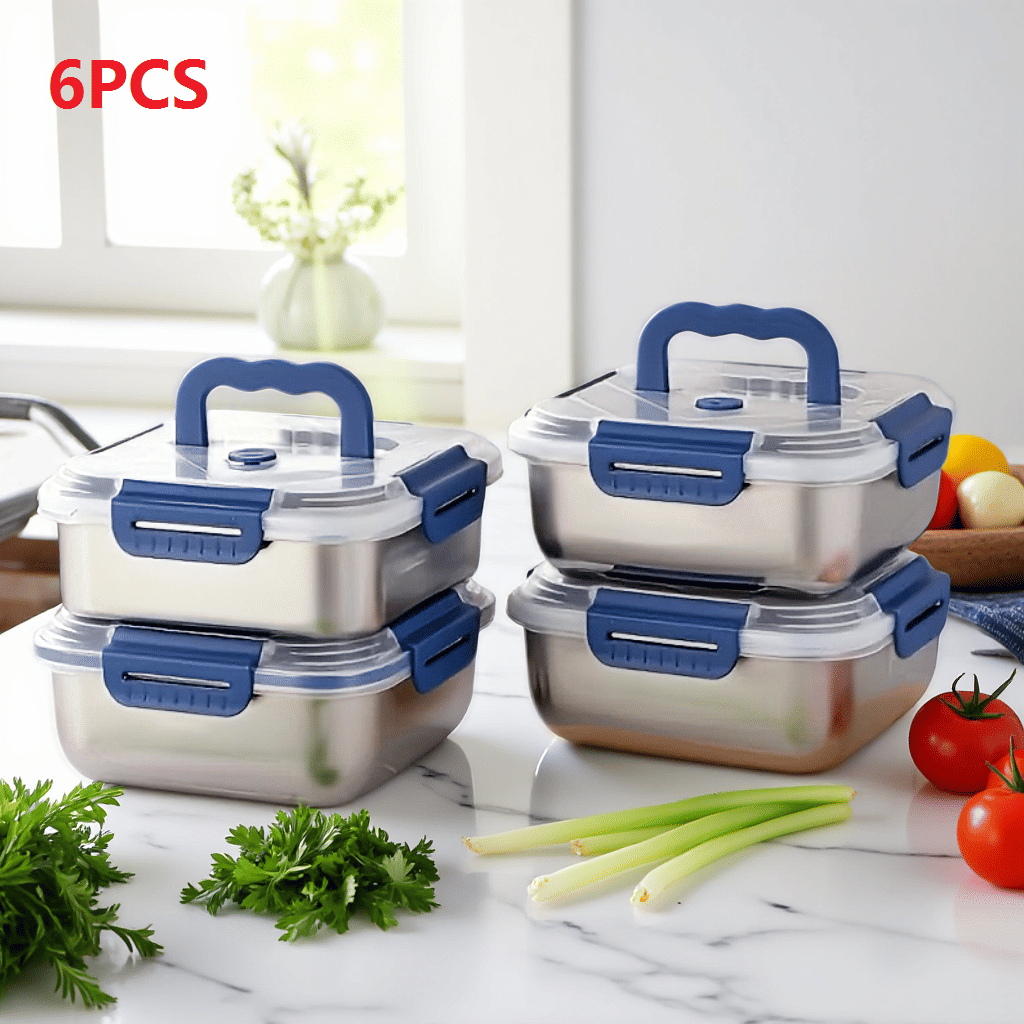 Yakimoto 2/4/6/8/10 PCS Extra-Large Stainless Steel Food Storage Containers With Blue Lids - Deep Design, Airtight Seal, Perfect For Refrigerator Organization, Meal Prep, Lunch Boxes & Kitchen Pantry