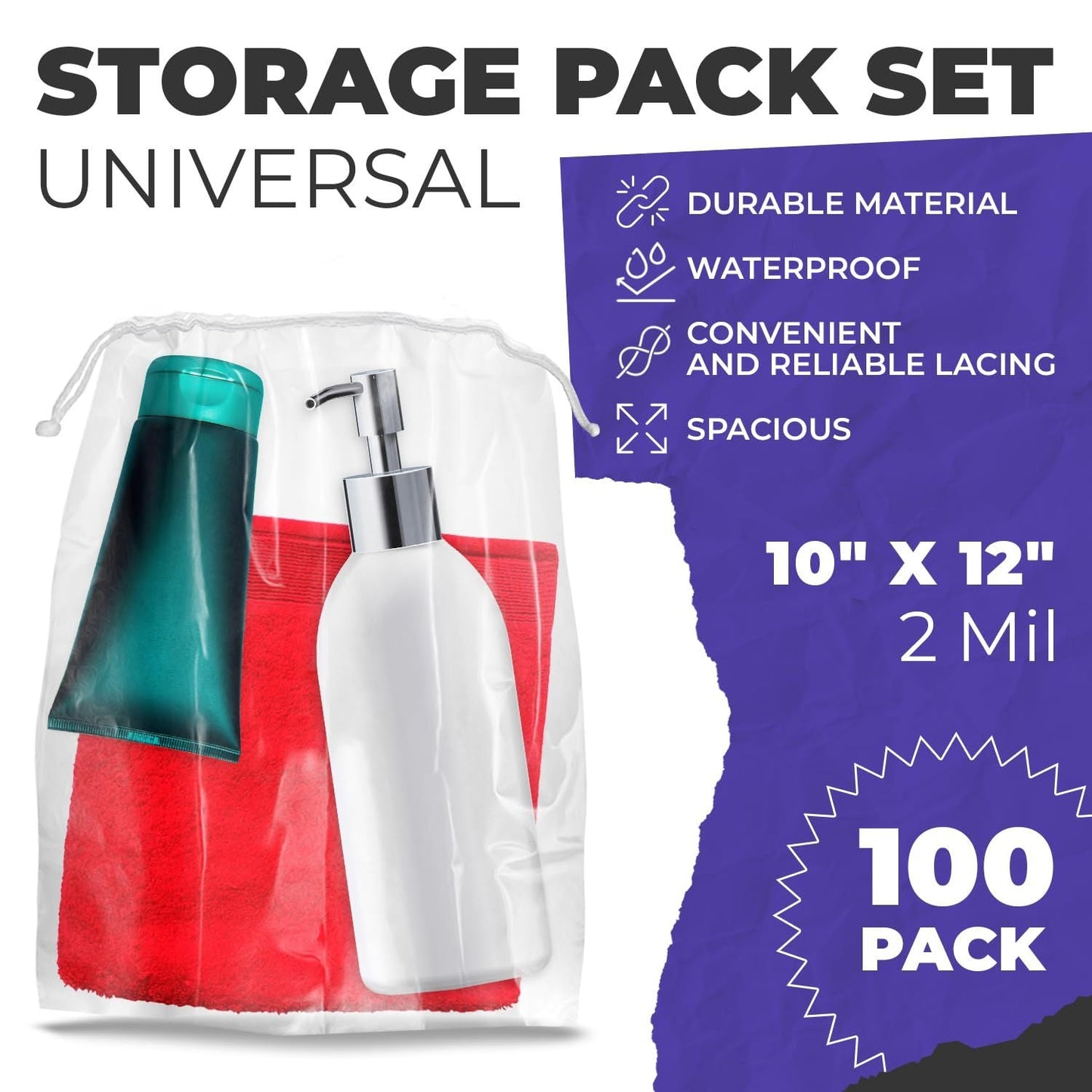 Clear Drawstring Bag, 10 x 12 Inches. Pack of 100 Clear Plastic Drawstring Bags. 2 Mil Drawstring Clear Plastic Bags. Waterproof Clear Plastic Bags Drawstring for Cosmetics, Toiletries