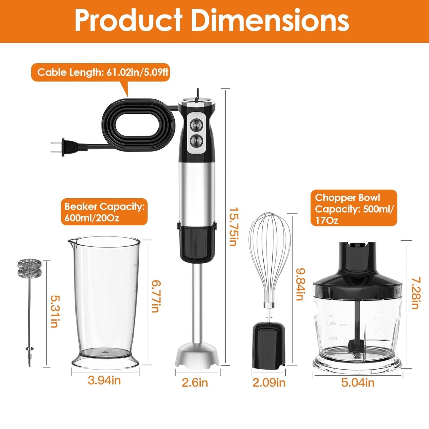 1000W 5 In 1 Immersion Hand Blender Stainless Steel Hand Mixer with 12 Speeds Turbo Mode Food Processor with 20Oz Beaker 17Oz Chopper Whisk Milk Frother