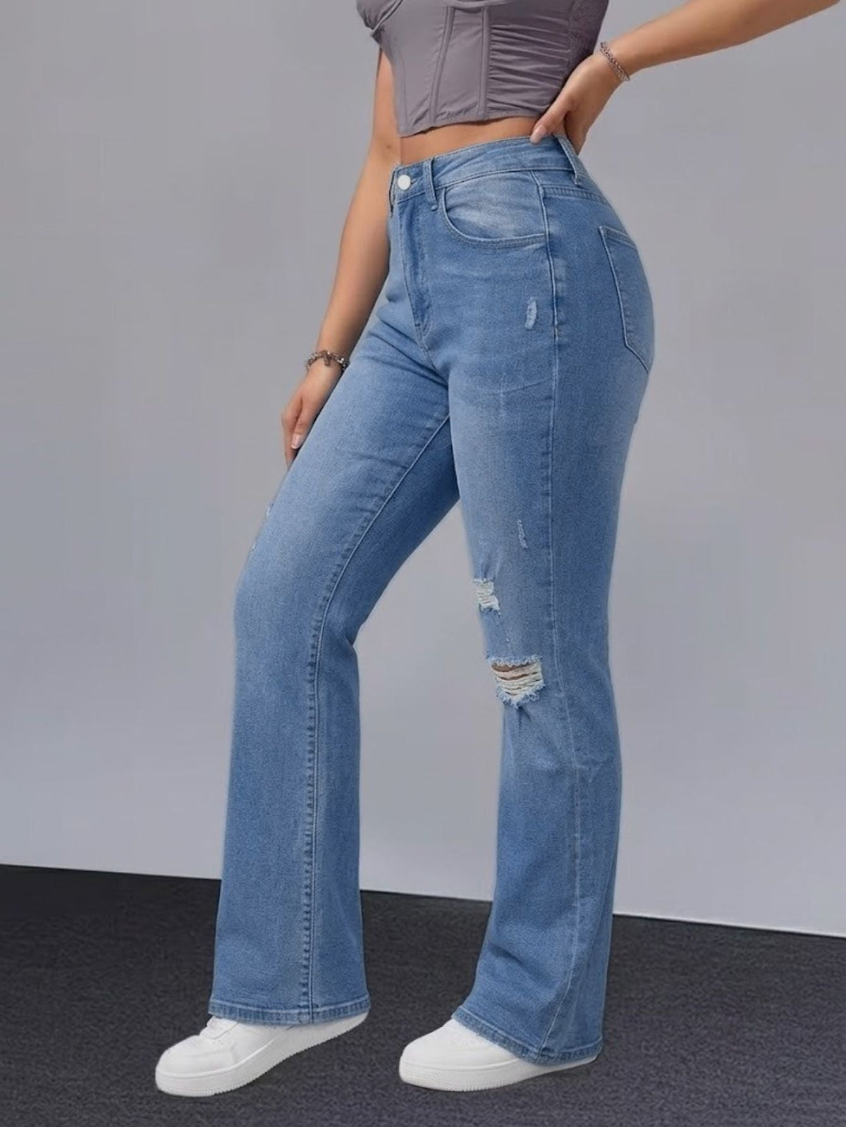 Women Distressed Cuffed Straight Leg Cropped Denim Jeans Stretch Slim Pants For Daily Street Casual Outfits